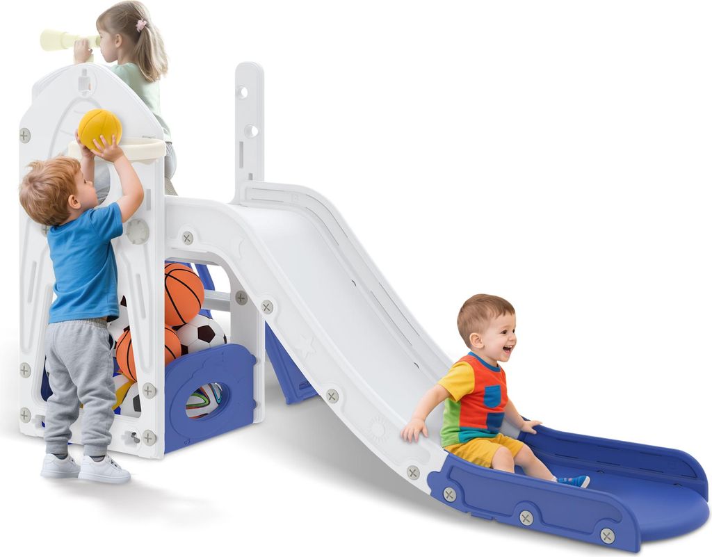 JOIEYOU Freistehende Rutschen 5-in-1 Kinder Gartenrutsche mit Kletterwände, Spielturm, Sandkasten, Fernrohr & Basketballkorb Modular Kunststoff Kl...