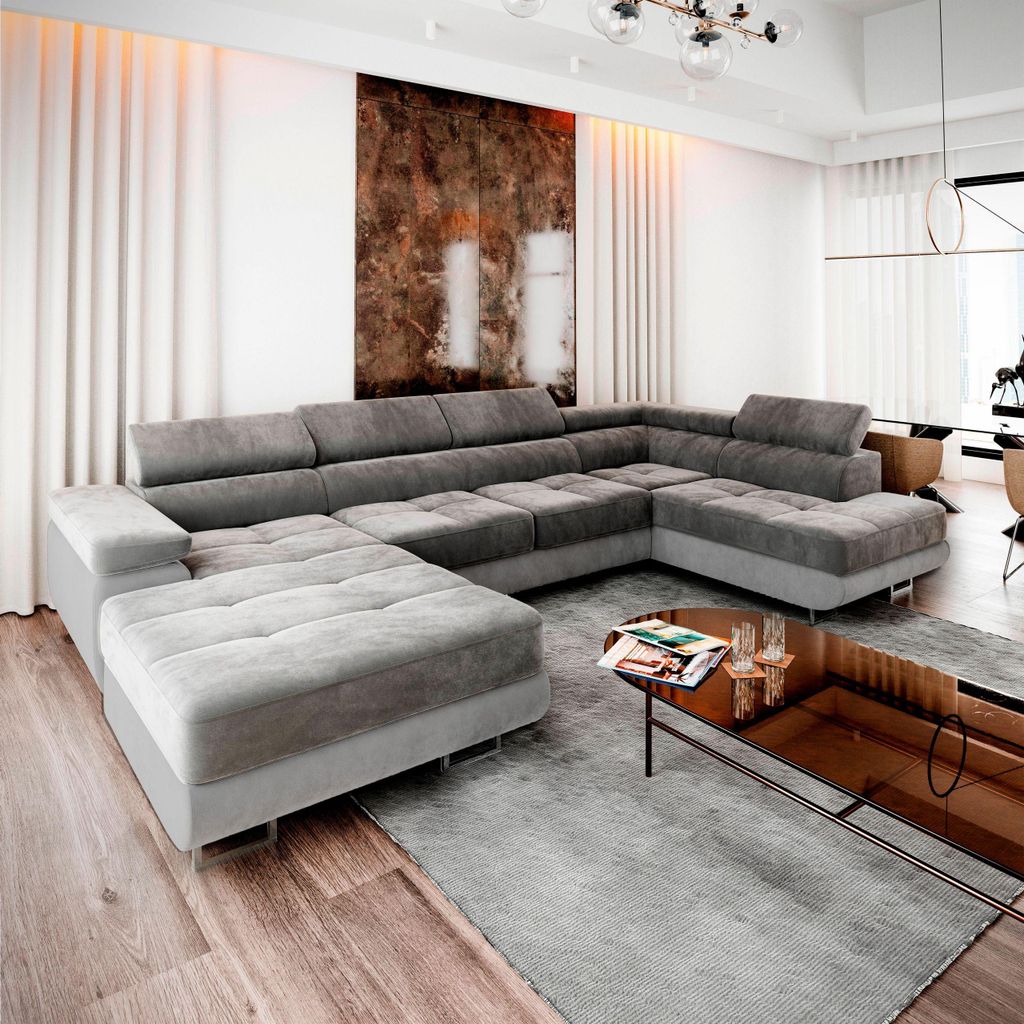 Masseno Ecksofa CASONE R-S mit Schlaffunktion U-Form, Sofa mit Bettkasten, Wohnzimmersofa, Couch, Soffa, Bettsofa, Couchgarnitur- Grau, MONOLITH 85...