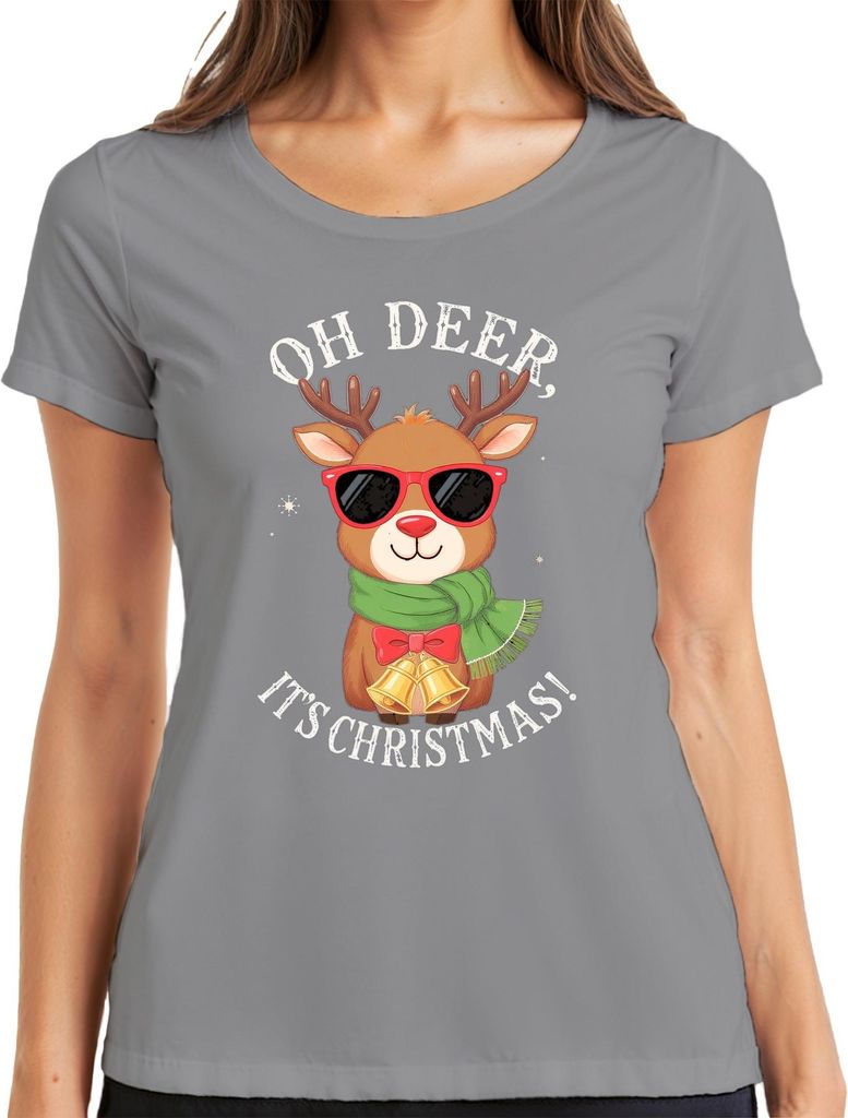 Oh Deer It's Christmas Rudolph Sonnenbrille Schal Glocken lustig Damen T-Shirt, Grau, S