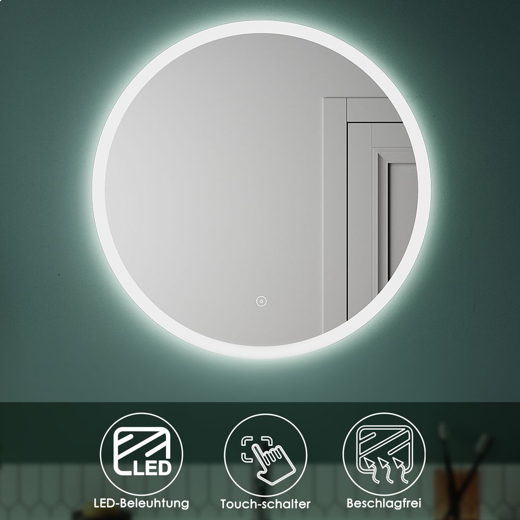 SONNI Rund Badspiegel Ø 60 cm Berührungsschalter Mit Kaltes weißem Licht LED Beleuchtung mit Beschlagfrei-Funktion Runder Spiegel