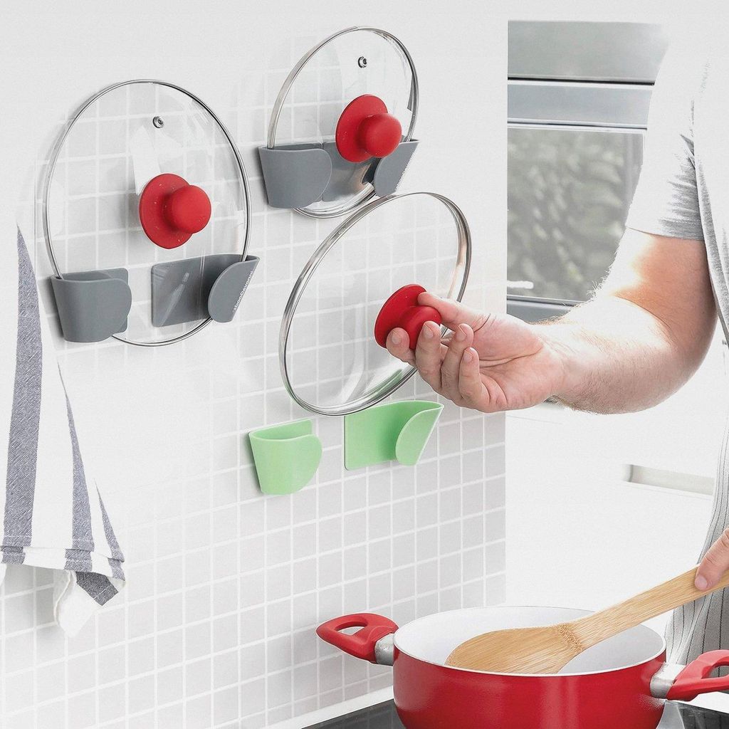 3er Set Selbstklebende Topfdeckel-Halter Smarack, Optimale Platznutzung, Einfache Montage, Vielseitig Einsetzbar, Grau, Medium, ABS