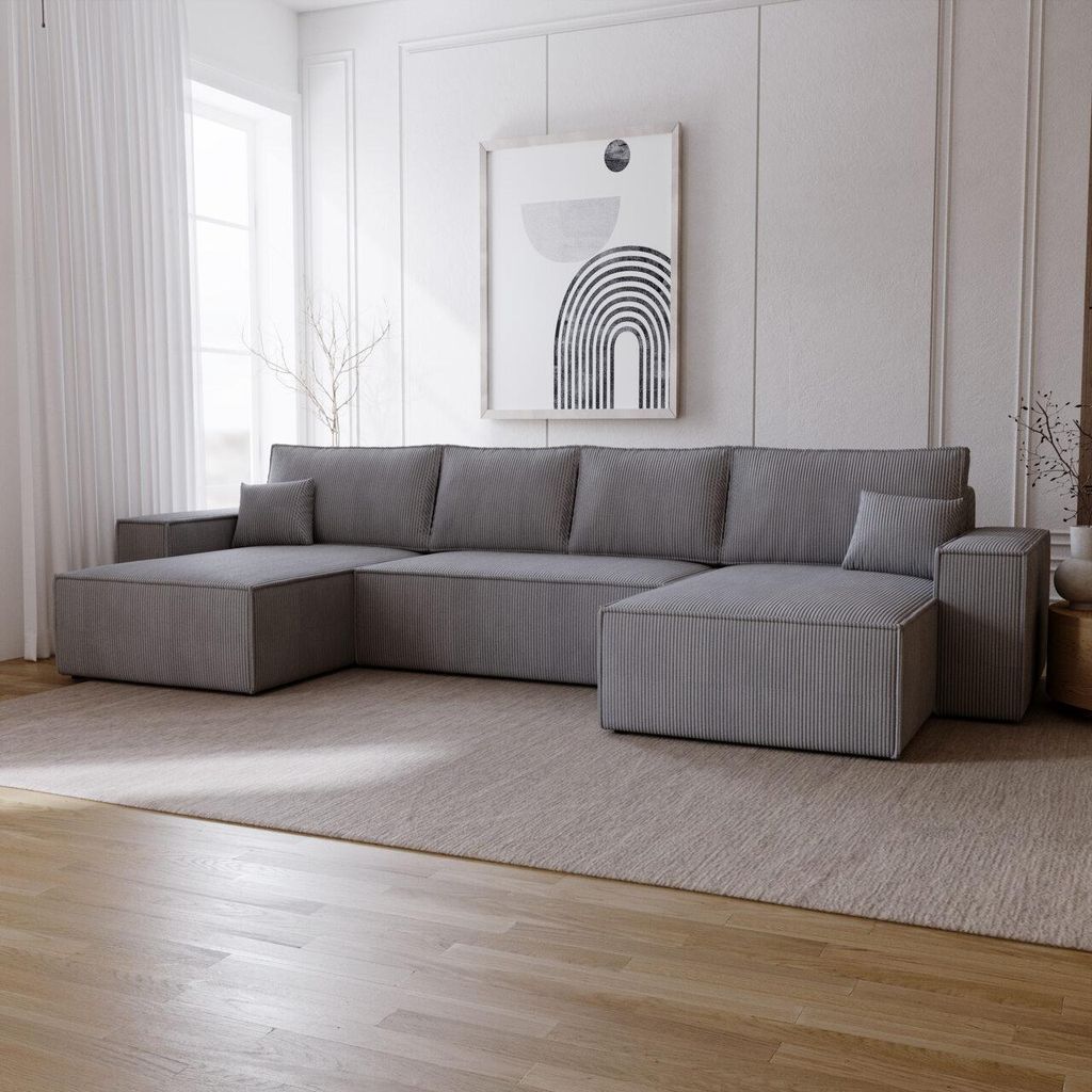 Ecksofa U Form mit Schlaffunktion Bergamo - Eckcouch 375 cm mit Bettkasten, Cordstoff Grau (Poso 115)
