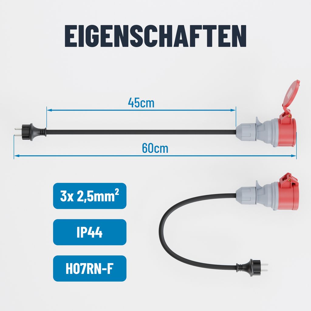 CEE Adapter 32A Auf 2×16A Mit 0.6m Kabel - IP44 Starkstrom Adapter Für Baustelle & Werkstatt