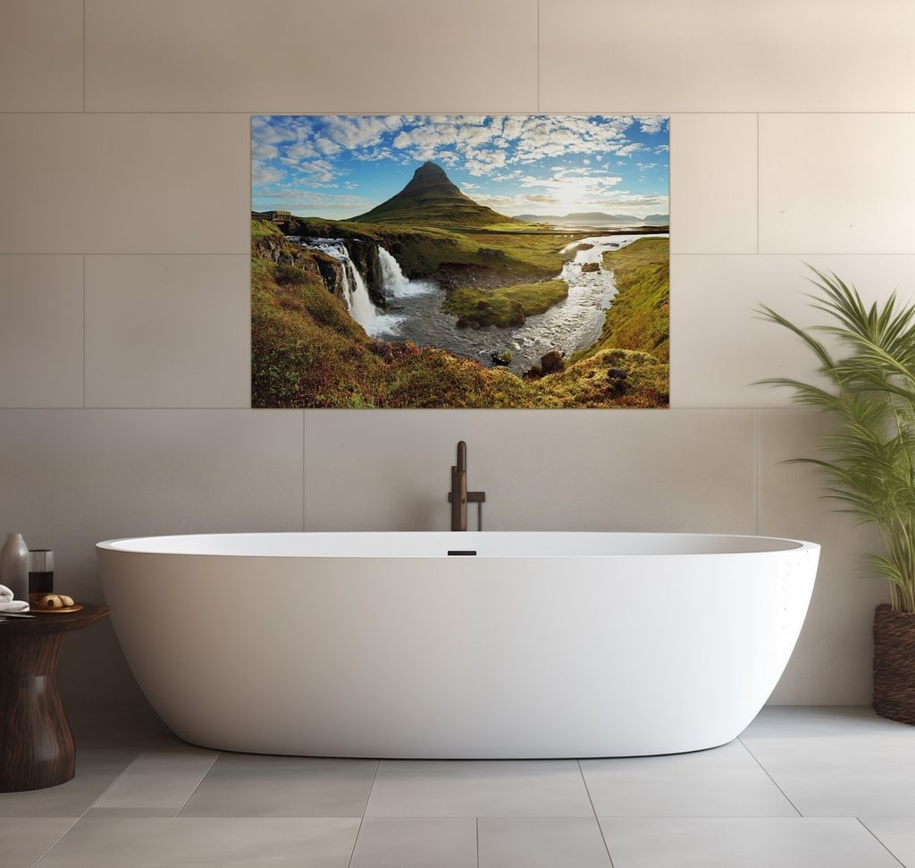 Wallario wasserfestes Poster selbstklebend 70 x 100 cm, Island Panorama Fluss Berge und blauer Himmel, Badezimmerposter Spritzschutz mit Hochglanz...