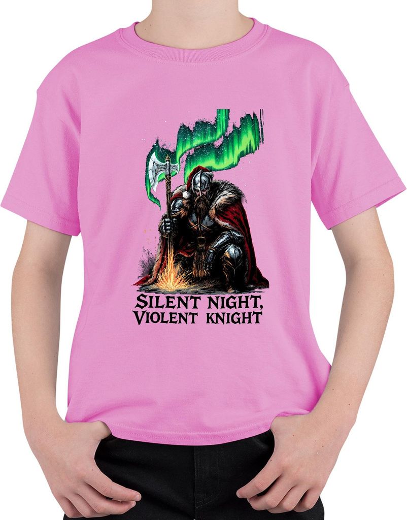 Silent Night Violent Knight Wikinger Axt Nordlicht Weihnachten Uni Kinder T-Shirt, Pink, 152