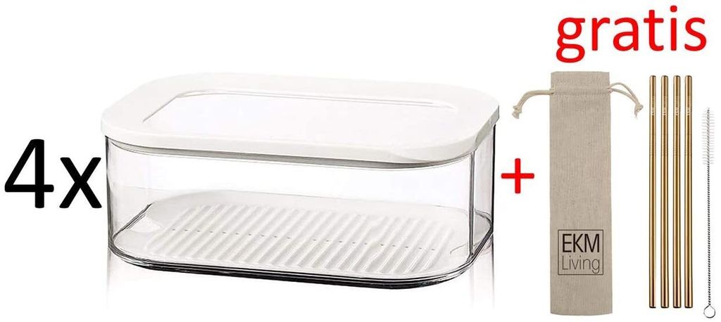 Rosti Mepal 4er Set Kühlschrankdose Modula Käse 2000 ml Plastik Weiß 22.4 x 16 x 8.6 cm + Gratis 4er Set EKM Living Edelstahl Trinkhalme