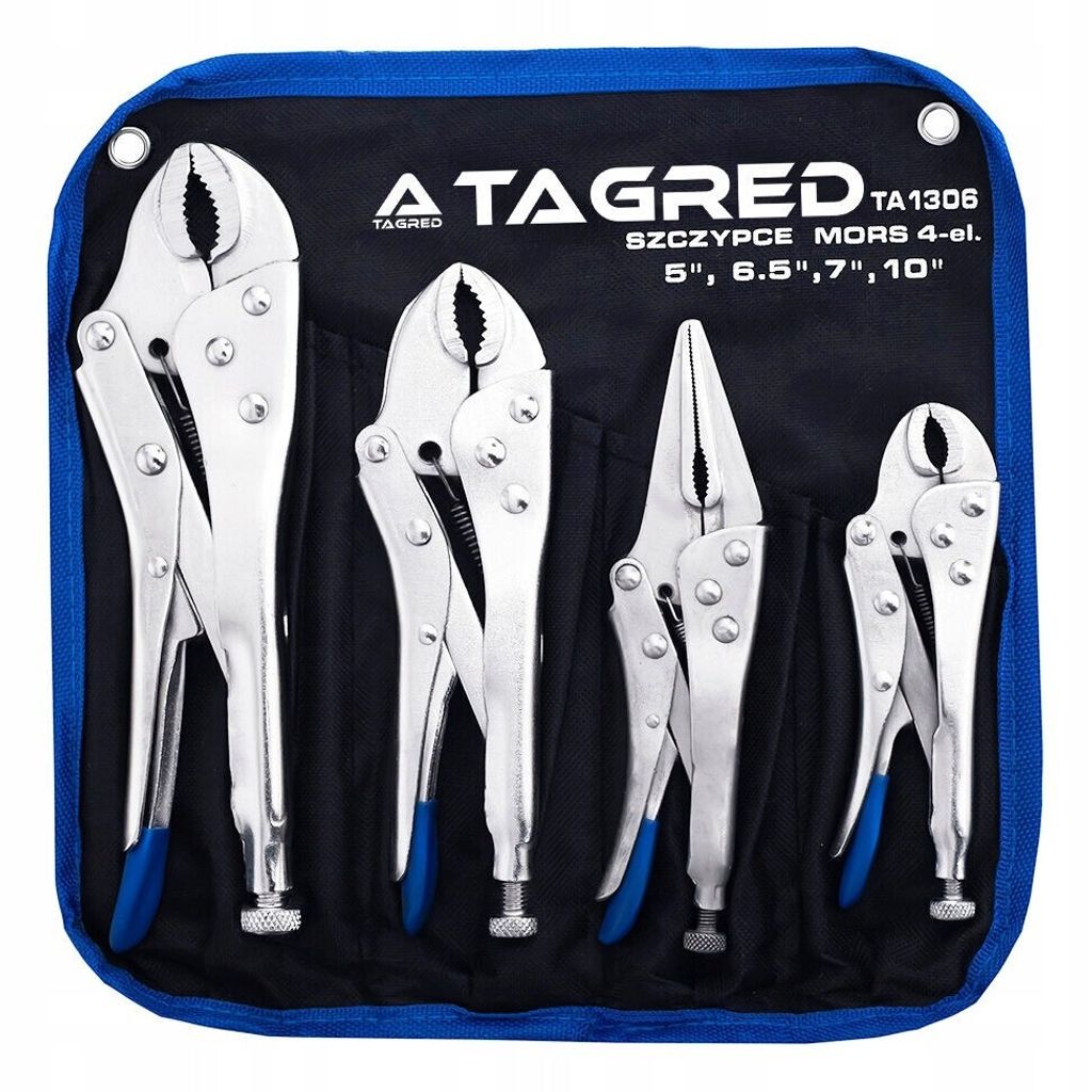 A set of four locking pliers neatly arranged in a black fabric pouch with blue trim.