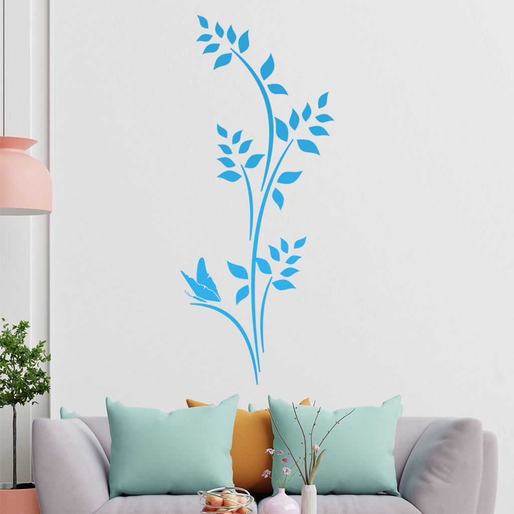Schmetterling - Pflanze - Blätter Wandtattoo in 6 Größen - Wandaufkleber Wall Sticker - Dekoration, Küche, Wohnzimmer, Schlafzimmer, Badezimmer