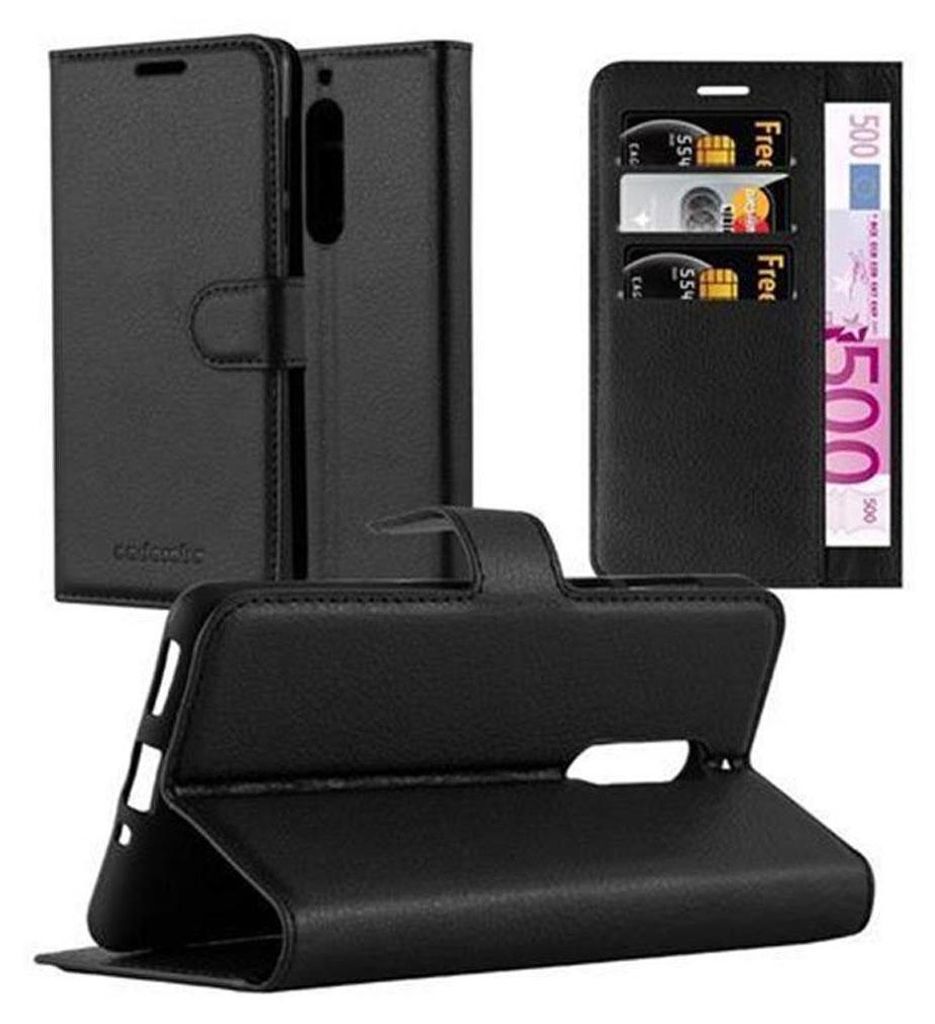 Multiple views of a black leather flip phone case, including one showing credit cards and currency inserted.