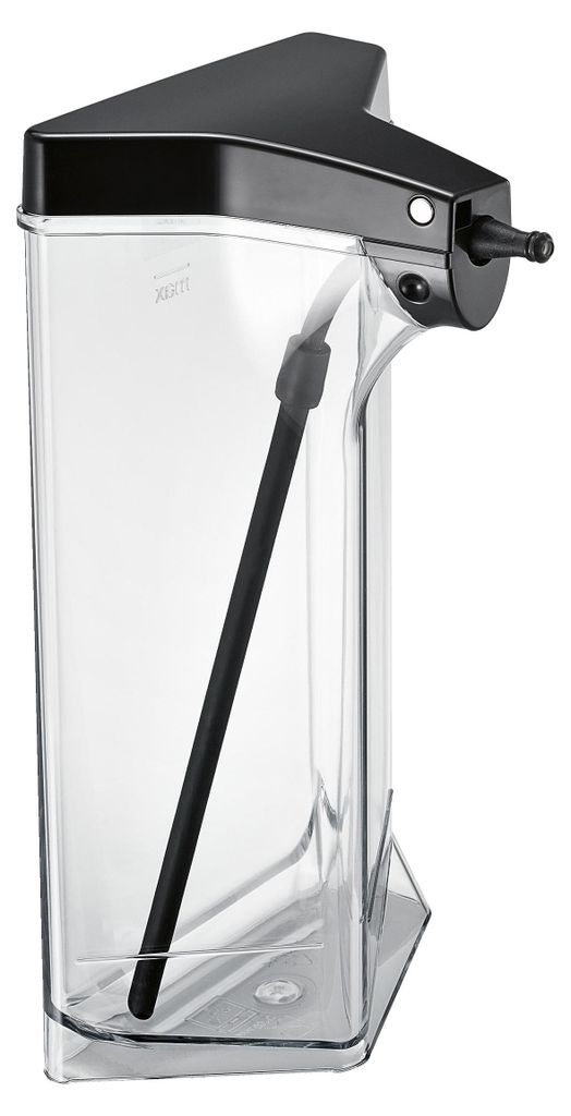 A clear plastic water tank with a black lid and a black tube inside, set against a white background.