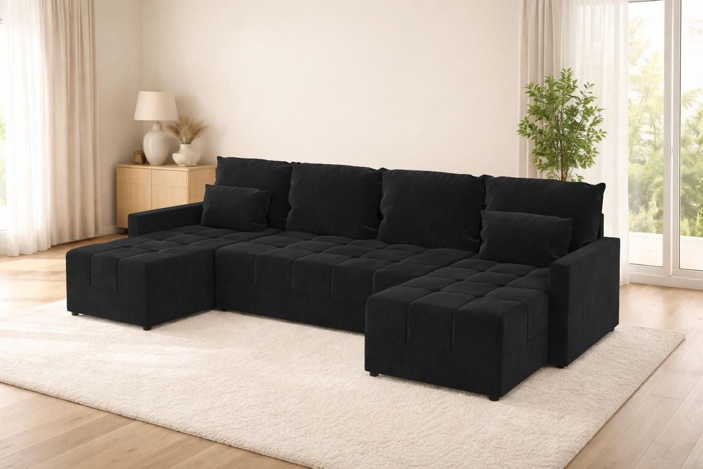 Großes Ecksofa DOMINO U mit Schlaffunktion und Bettkasten, Sofa für das Wohnzimmer.