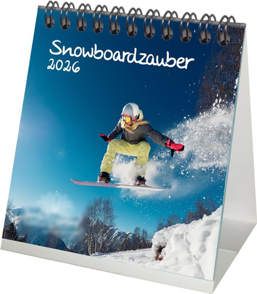 Snowboardzauber Tischkalender 10cm x 10cm für 2026 Berge und Snowboard - Geschenkset Inhalt: 1x Kalender 1x Weihnachtsanhänger 1x Grußanhänger ...