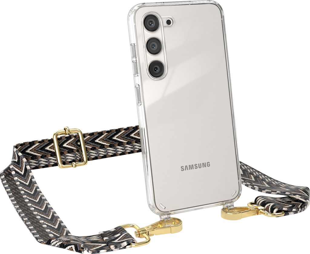 EAZY CASE Handykette - Verstellbarer Trageriemen kompatibel mit Samsung Galaxy S23, Handykordel mit transparenter Silikon-Hülle, Band in Grau