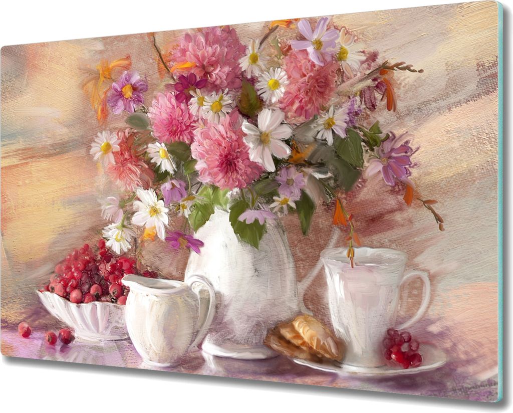 Coloray Hackbrett Kochplattenabdeckung Herdabdeckplatte 80x52 cm Schneidebrett Küchenbrett - Blumen Tasse