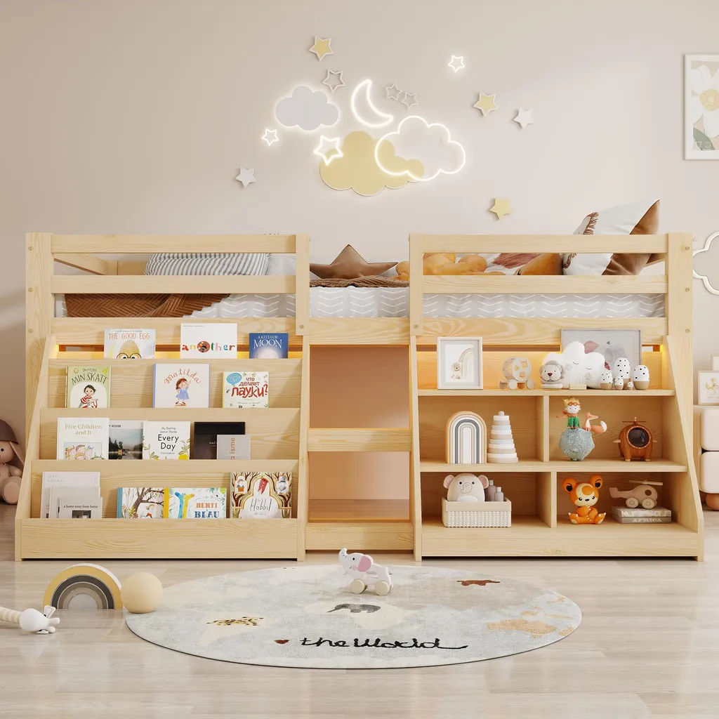 Lit mezzanine bois 90 x 200 cm avec éclairage LED et barrière sécurité
