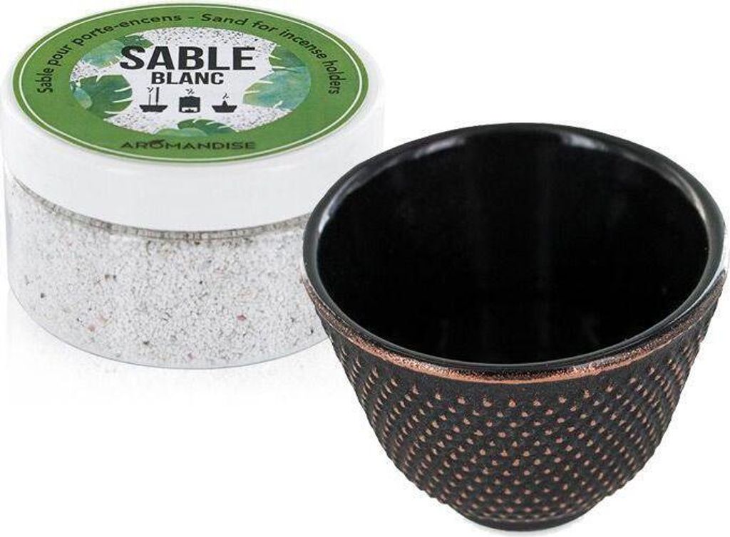 Schwarze Räucherstäbchenhalter-Tasse + weißer Sand Produktbild 