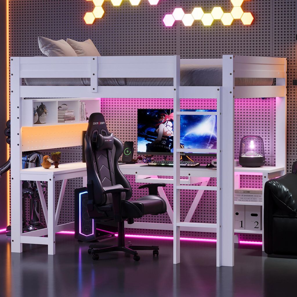 Lit superposé Flieks 90 x 200 cm avec bureau et tiroir, lit Image du produit 