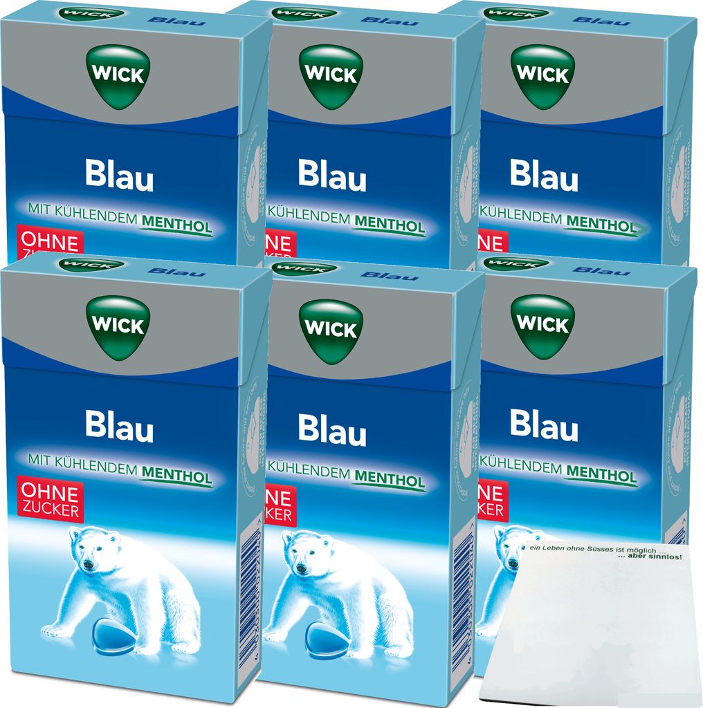 Wick Blau Menthol Halsbonbon ohne Zucker 6er Pack (6x46g Packung) + usy Block