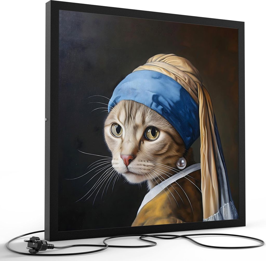 DEQORI LED-Bild & Lampe 60x60 cm Schwarz 'Mieze mit Perlenohrring' Leuchtbild LED Leuchte