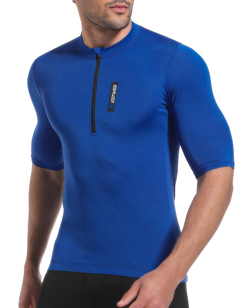Herren Atmungsaktiv Radfahren Radtrikot Fahrradtrikot MTB Trikot Kurzarm mit 3 Taschen,Blau,XXXL