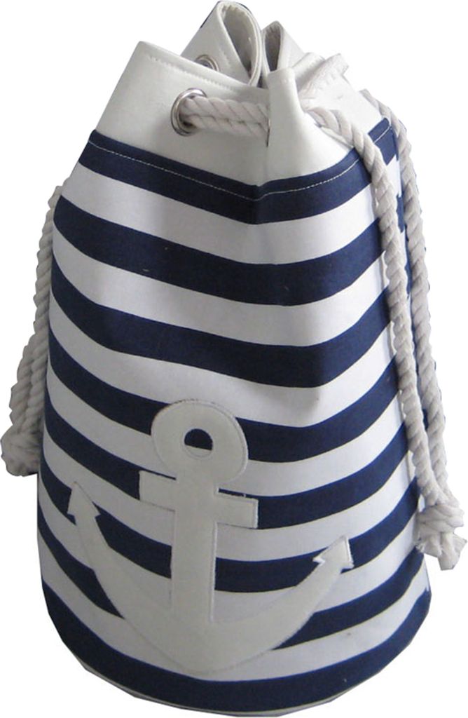 A nautical-themed laundry bag with navy blue and white stripes and a white anchor emblem.