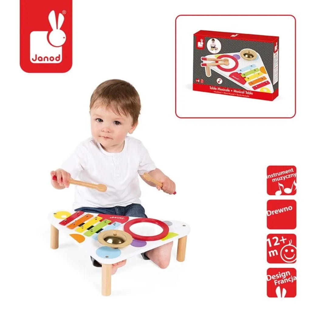 Janod Table à Musique Multicolore Confetti - Support Bois 4 Instruments
