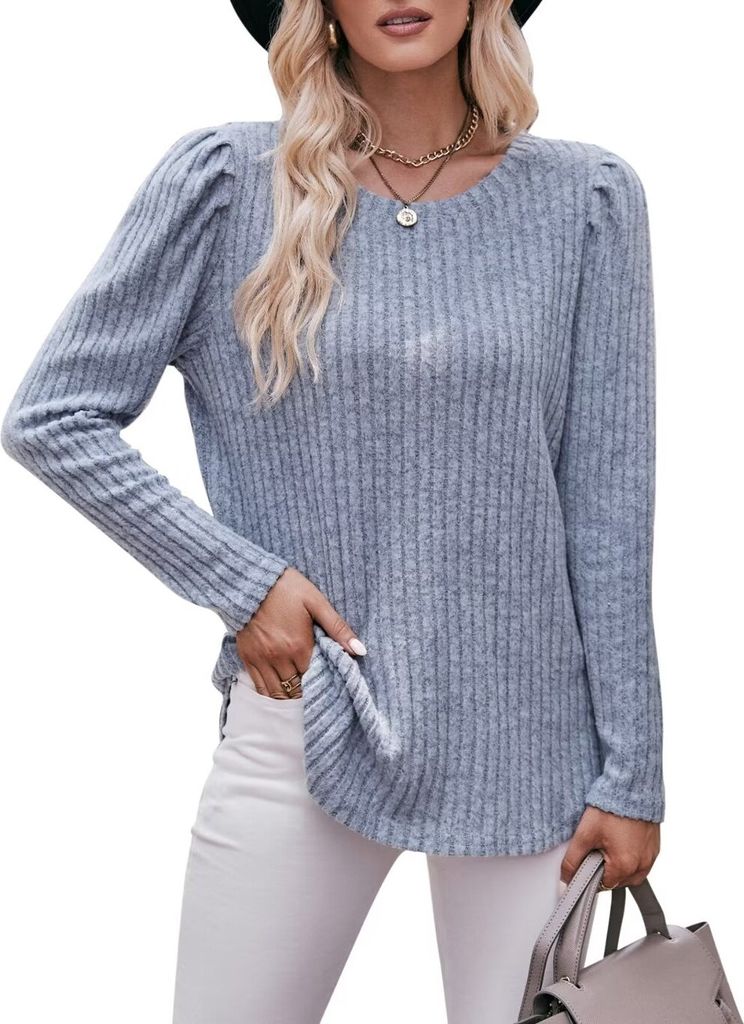 ASKSA Damen Langarmshirt Rundhals Rippstrick Casual Elegant Strickpullover Tunika Tops Pullover, Hellblau, 2XL