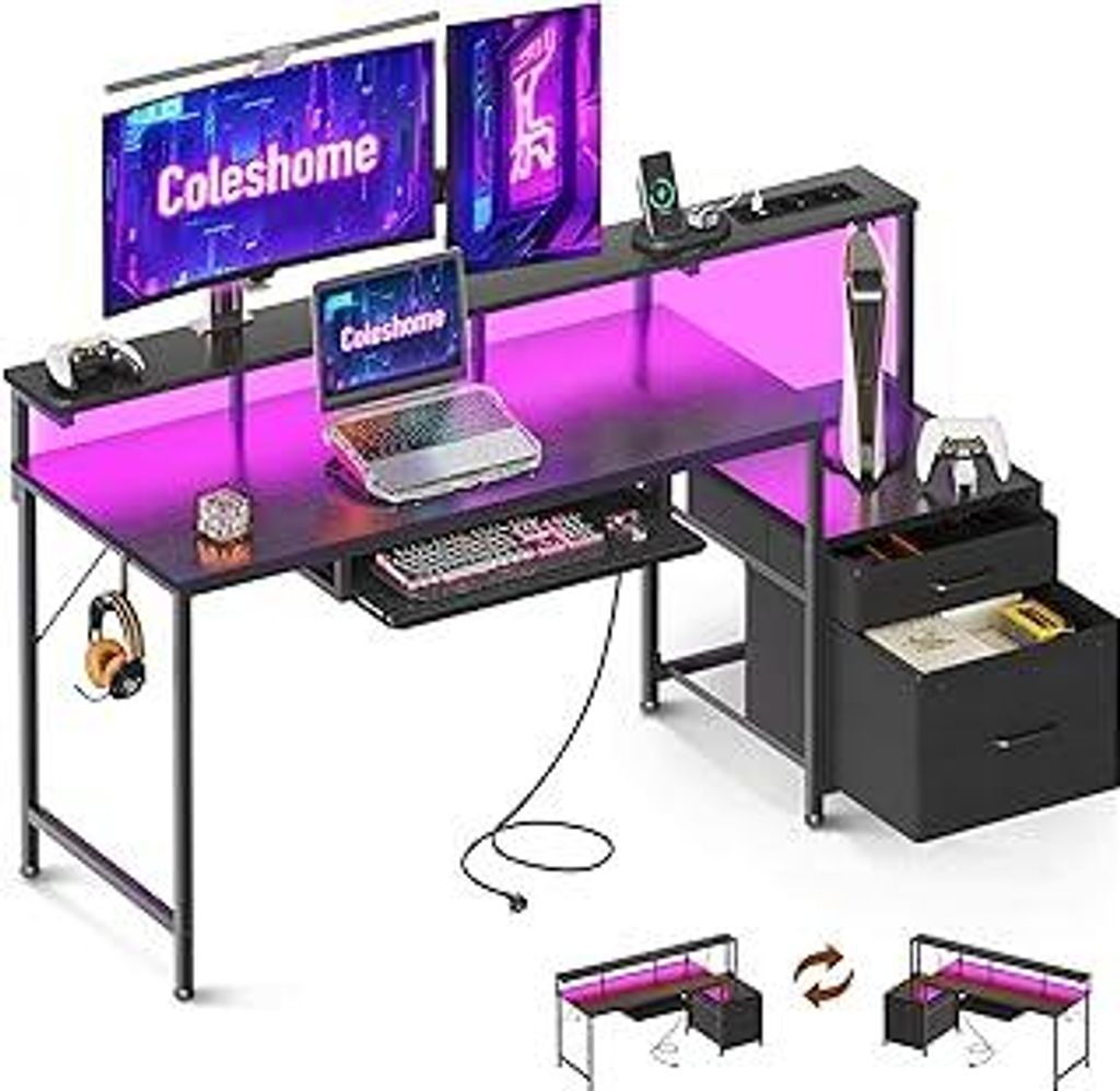 Coleshome Gaming Tisch mit LED, 140x48cm Schreibtisch mit Stoff Schubladen Computertisch mit 2 Steckdosen&2 USB Anschlüssen, Gaming Schreibtisch m...