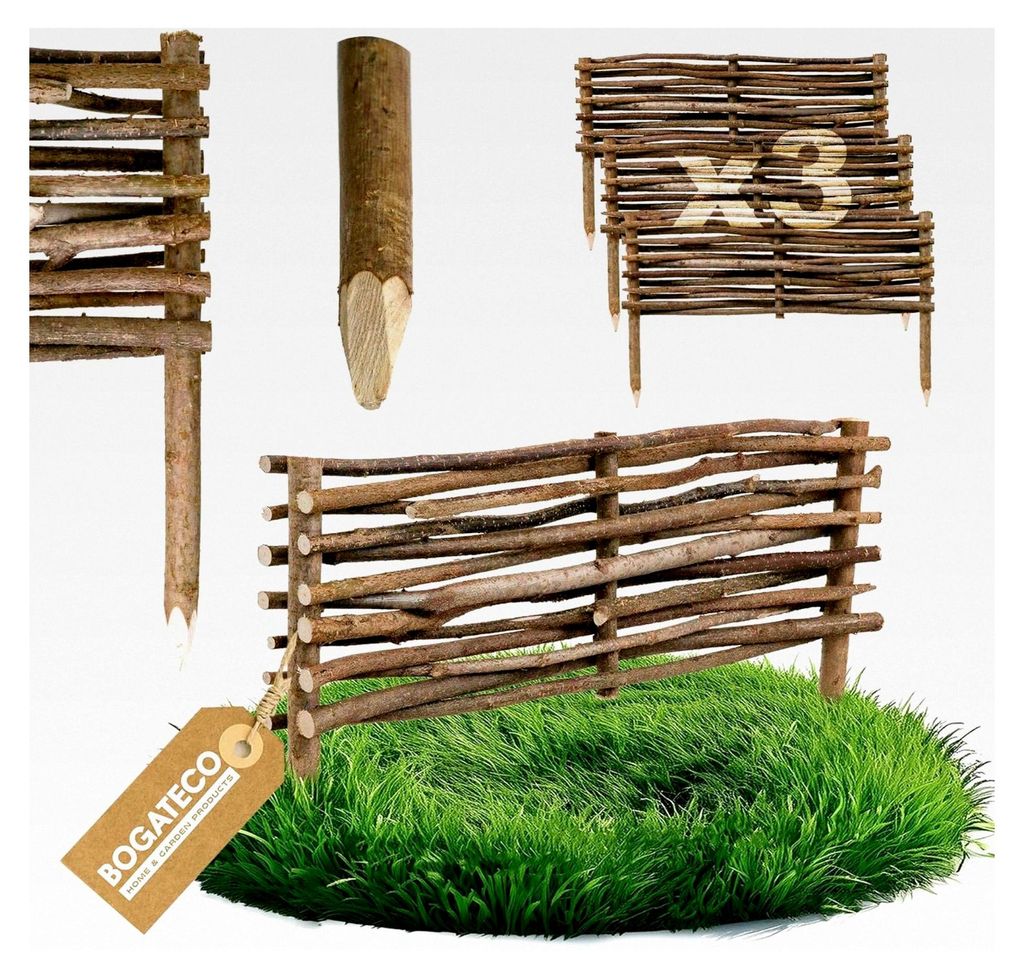 3 x Haselnuss Beeteinfassung | 20 cm hoch & 60 cm lang | Staketenzaun als Beetumrandung oder Wegabgrenzung