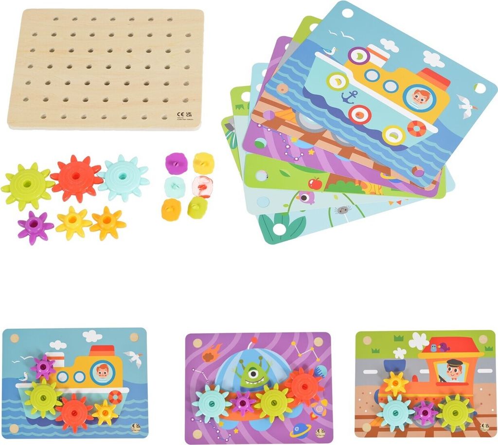 Tooky Toy Holzspielzeug TK352 Zahnräderspiel 19 teilig, Steckspiel, Motorikspiel bunt