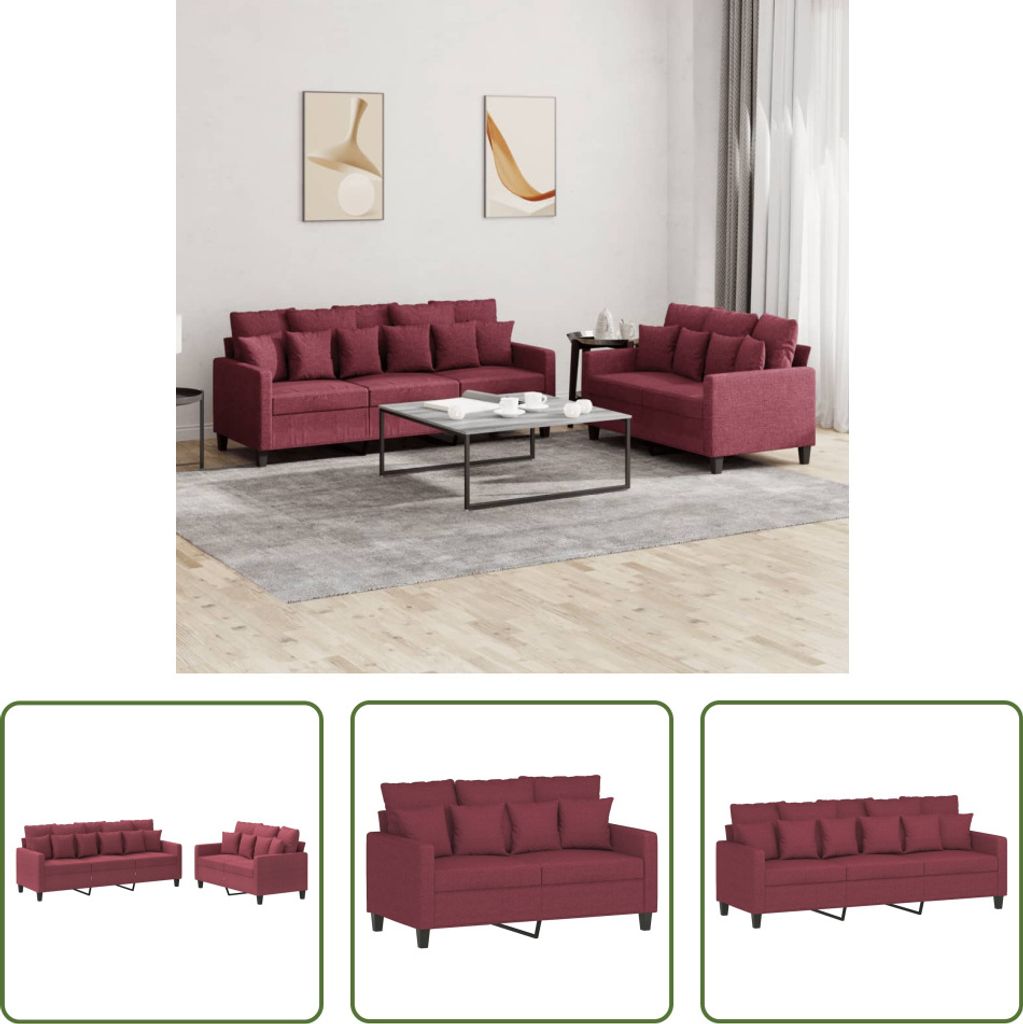 The Living Store 2-tlg. Sofagarnitur mit Kissen Weinrot Stoff