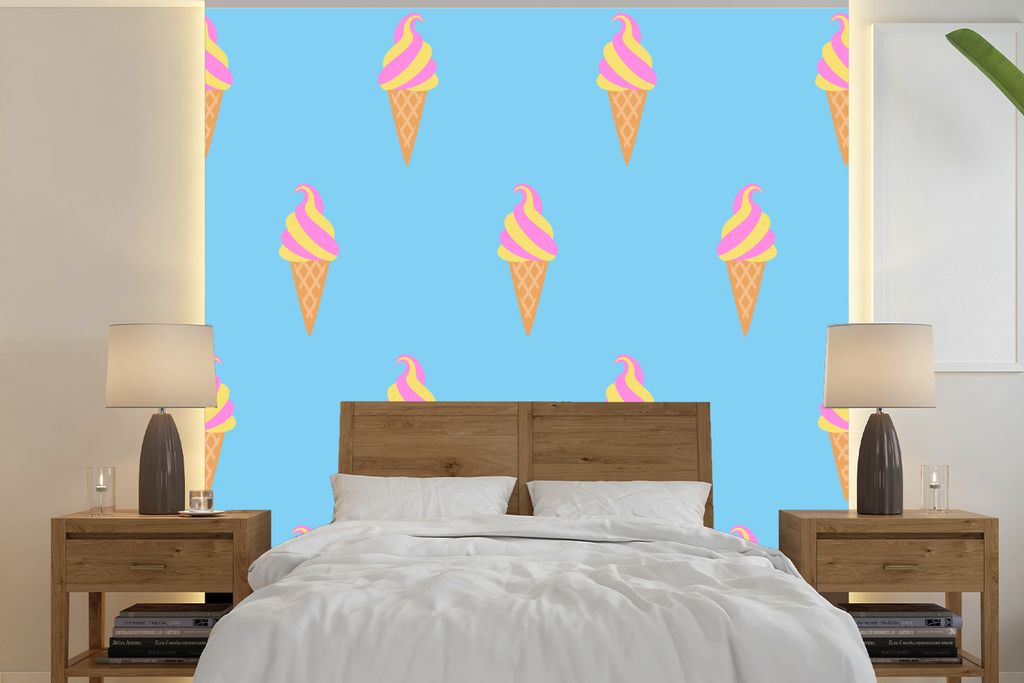MuchoWow Fototapete für Wohnzimmer oder Schlafzimmer Wandtapete Vinyl Motivtapete Eis - Muster - Rosa - Blau - 280x280 cm - Hintergrundbild