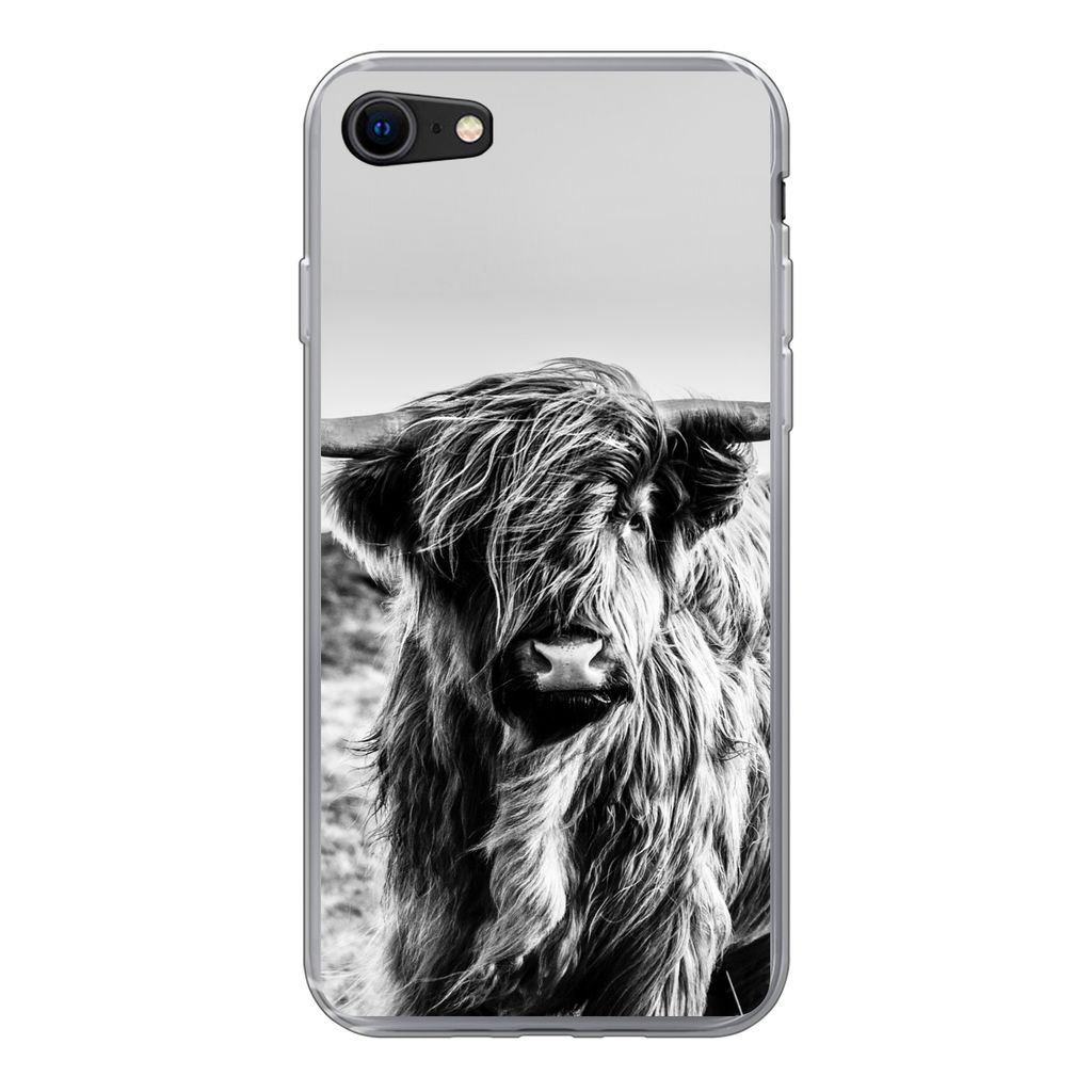 MuchoWow Handyhülle Schutzhülle Hülle für iPhone SE 2020 Kuh - Schottischer Hochländer - Schwarz - Weiß - Tier - Natur - Wildtiere Silikon ...