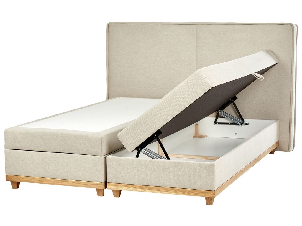 BELIANI Boxspringbett Beige Stoffbezug 180 x 200 cm mit Bettkasten Hochklappbar Hohes Kopfteil 2 Bonellfederkernmatratzen Modern Schlafzimmer Möbel