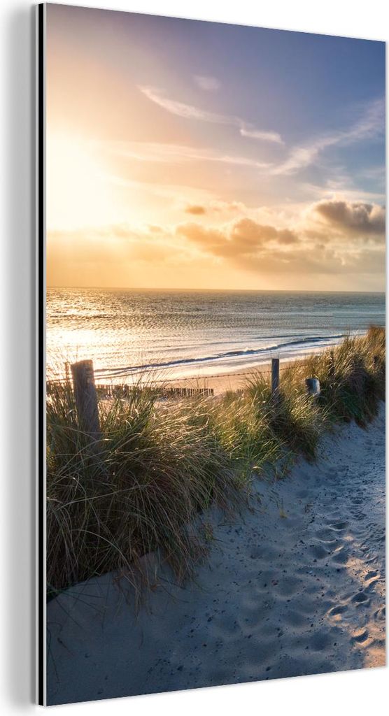 MuchoWow Wanddekoration Metall Metallbild Wandkunst 40x60 cm Sonnenuntergang - Strand - Düne - Gras - Bank MuchoWow Aluminium Gemälde - Wanddekor...