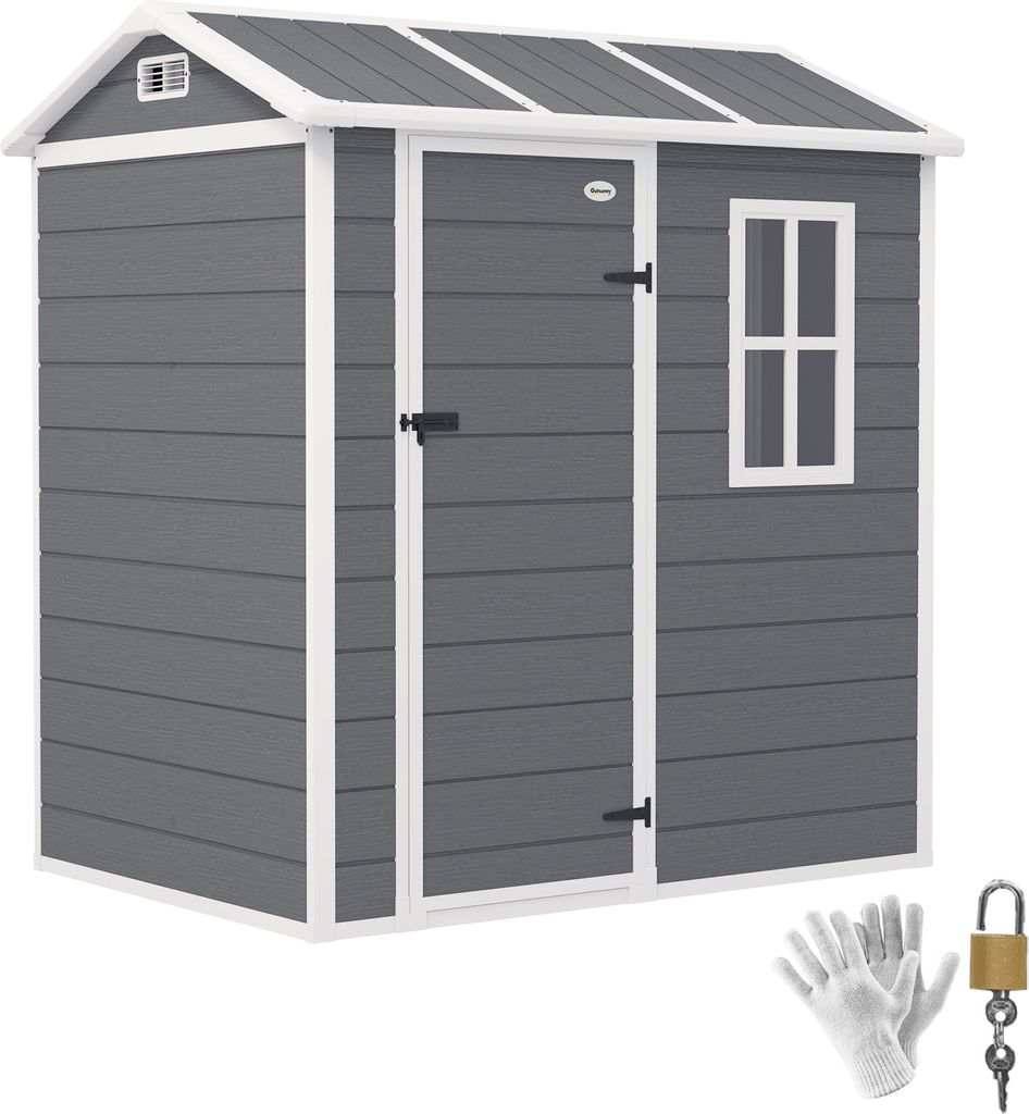 A gray plastic shed with white trim and a transparent roof is shown against a white background. Accessories like gloves and a padlock are placed in the bottom right corner.
