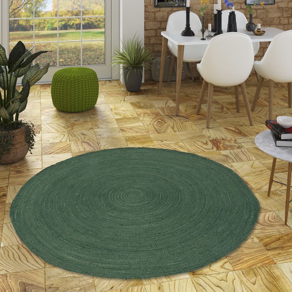 Naturfaser Teppich Handgefertigt Jute Salsa Uni Grün Rund, Größe:100 cm Rund
