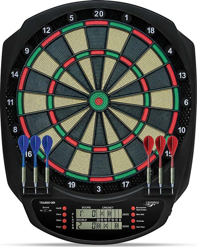 An electronic dartboard with darts displayed in front of it.