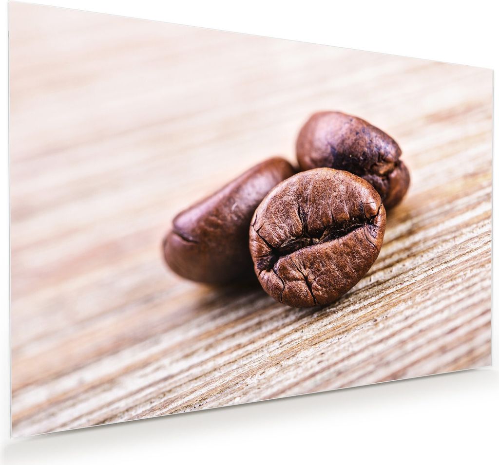 Glasbild Wandbild Kaffeebohnen auf Holztisch 45x30cm in XXL für Wohnzimmer, Schlafzimmer, Badezimmer, Flur
