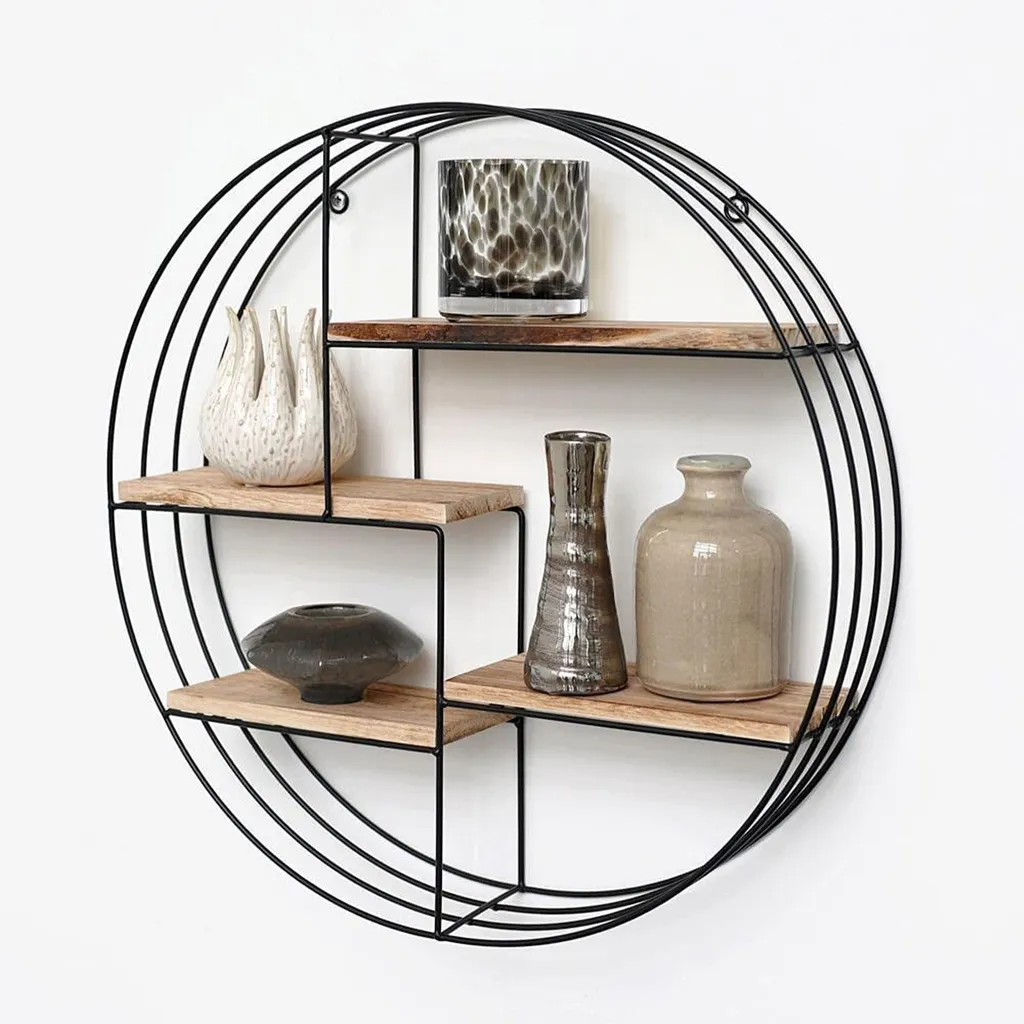 Étagère ronde murale en métal, rangement 4 niveaux bois - Diamètre 50cm