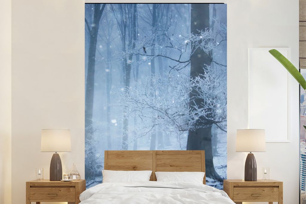 MuchoWow Fototapete für Wohnzimmer oder Schlafzimmer Wandtapete Vinyl Motivtapete Wald - Winter - Schnee - 225x350 cm - Schlafzimmer tapete