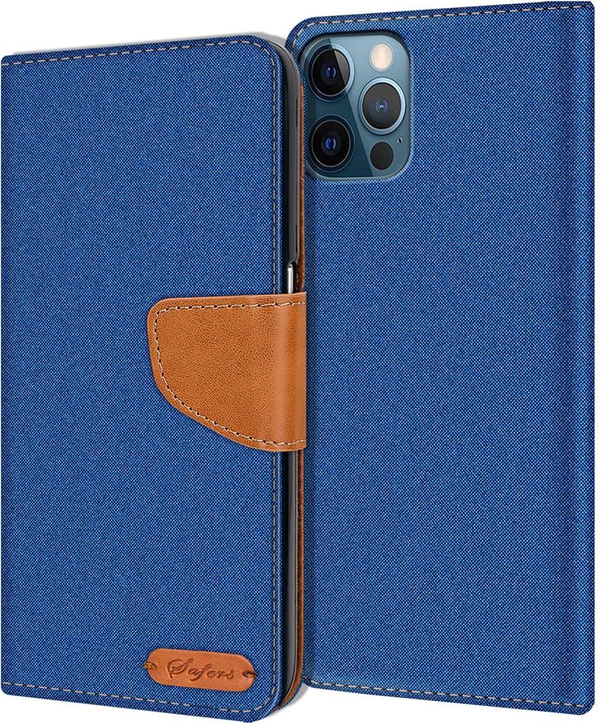 Denim Handy Tasche für Apple iPhone 12 Pro Max Hülle (6.7 Zoll) Jeans Look Book Case Schutzhülle, Blau