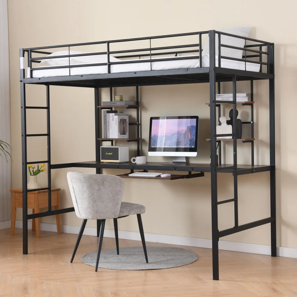 Lit superposé 90x190cm Flieks avec bureau et étagère en métal noir