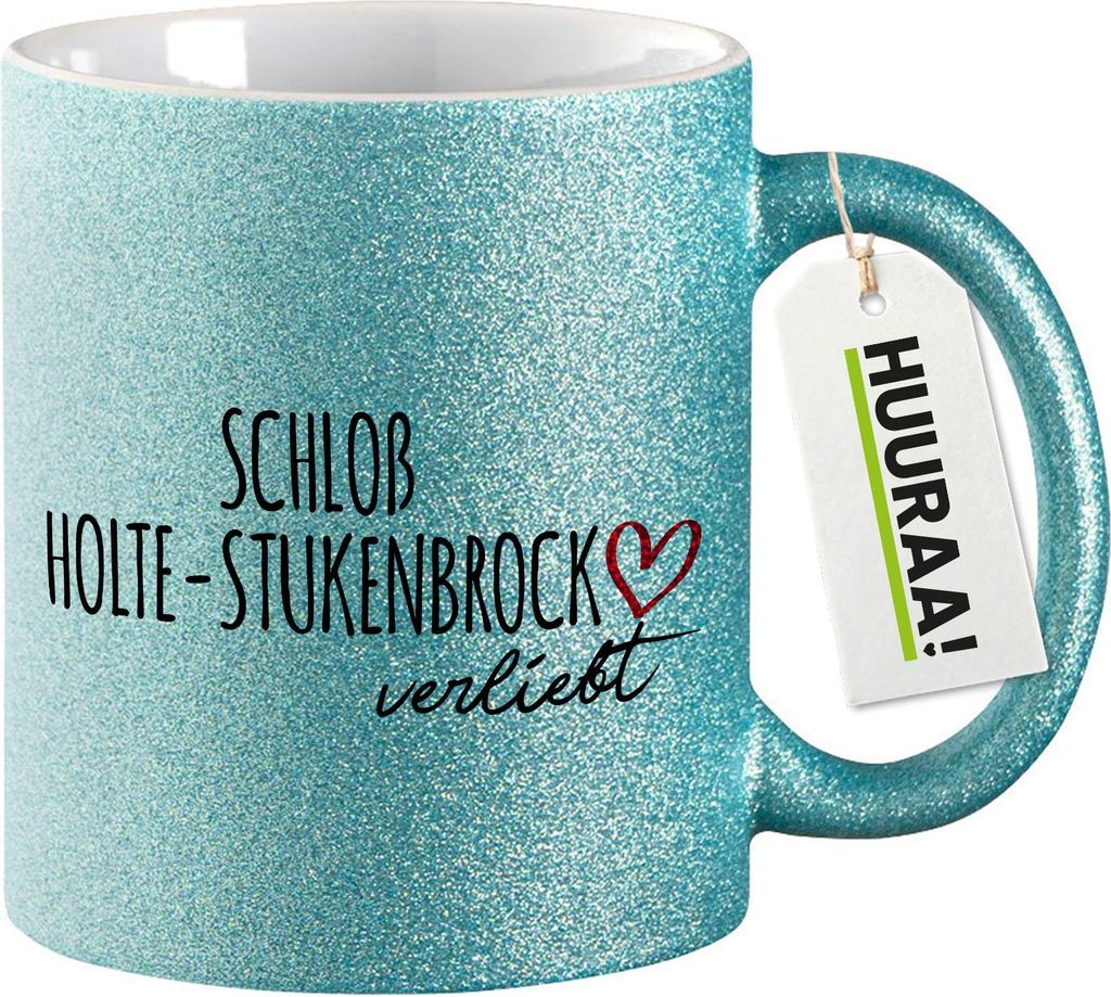 Huuraa Glitzertasse Schloß Holte-Stukenbrock verliebt 330ml Blau Keramik Kaffeebecher Geschenkidee