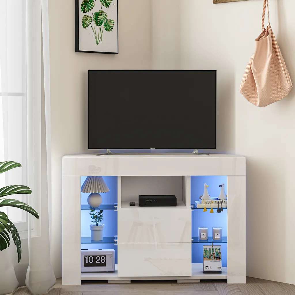 Table TV d'angle LED blanc brillant avec rangements pour décodeur