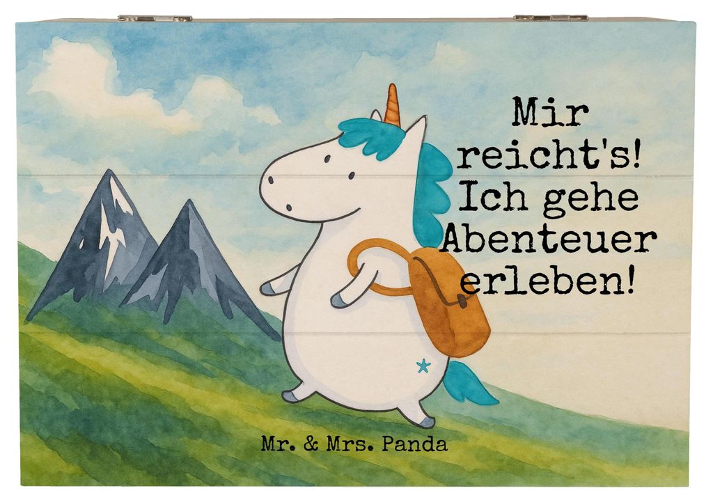 Mr. & Mrs. Panda Holztruhe Einhorn Bergsteiger Design 22 x 15 cm - Weiß - Geschenk, Entdecker, Truhe, Reisen, geschenkkiste, Erinnerungsbox, Holzk...