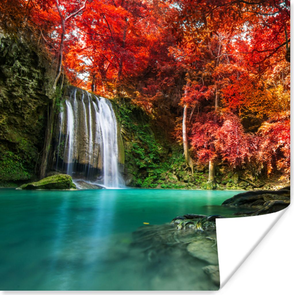 MuchoWow Poster Wasserfall - Baum - Rot - Herbst - Wasser 50x50 cm - Wohnzimmerdekoration