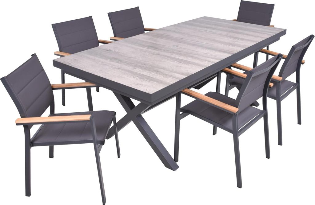 Garten-Sitzgruppe JANA 7-tlg. - Alu/Keramik, Eiche-Optik, Grau | Gartenmöbel-Set Gartengarnitur Garten-Essgruppe mit Stapelstühlen E und Esstisch