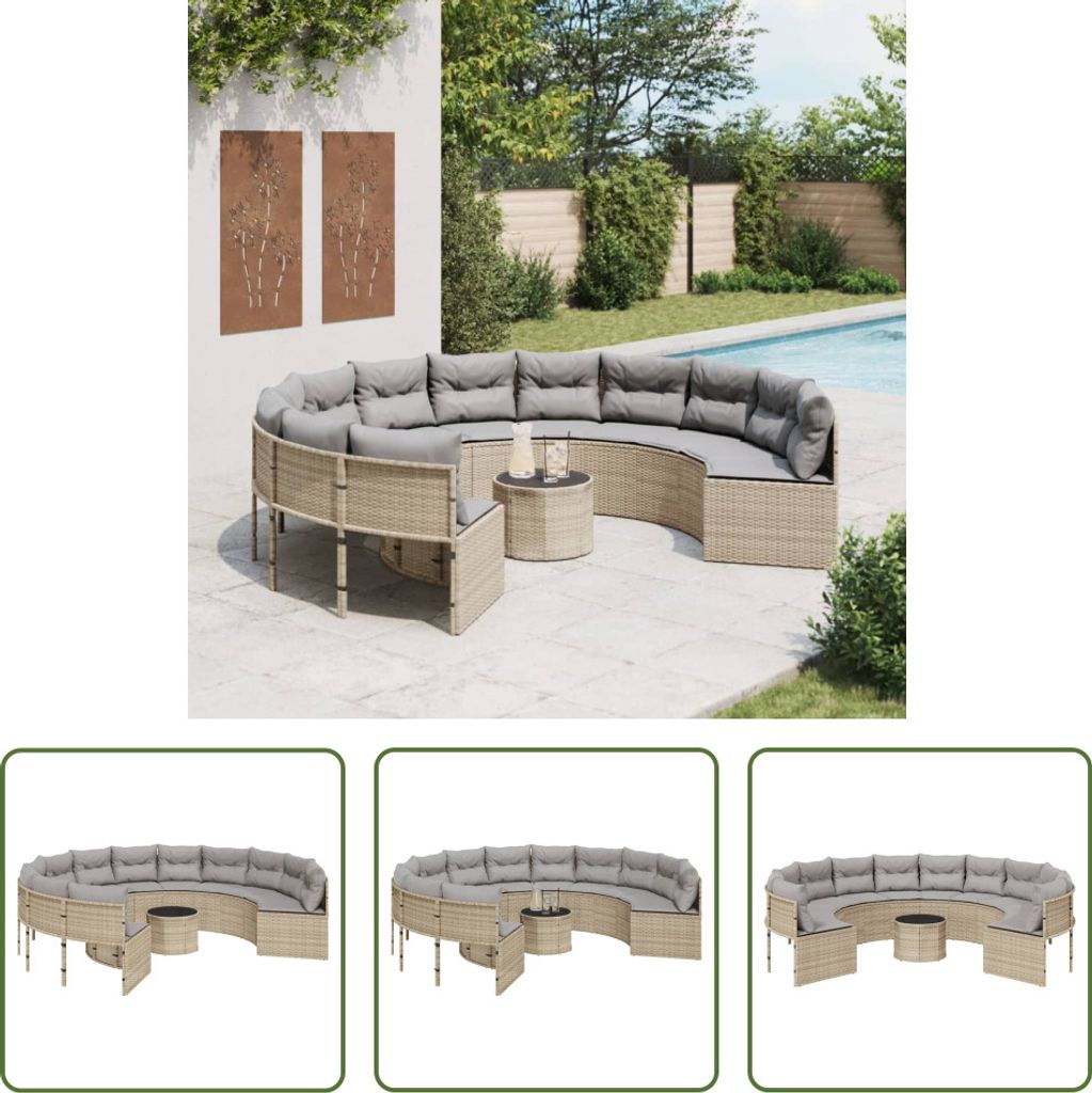 The Living Store Gartensofa mit Tisch und Kissen Rund Beige Poly-Rattan