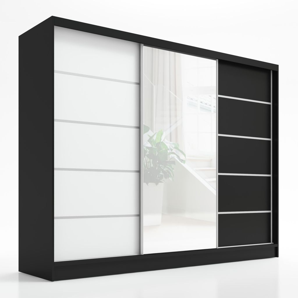 Schwebetürenschrank, 3-türig Schrank 200 cm mit Spiegel ARIVA 1 (Schwarz , Schwarz , Weiß)